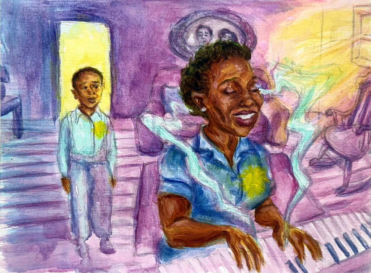 Watercolor painting of a woman playing a piano with a young boy standing in a doorway, rendered in expressive brushstrokes of purple, blue, yellow, and pink.