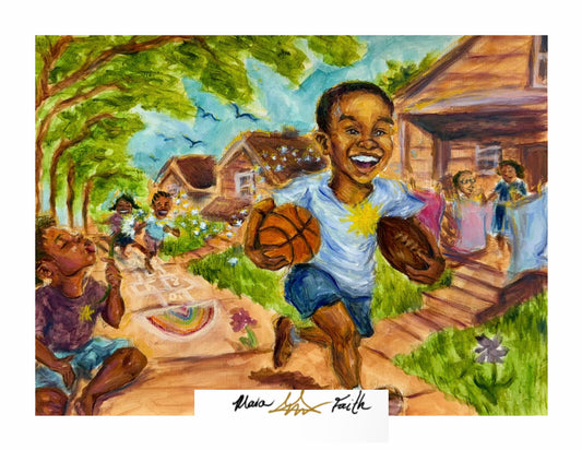 Colorful painting of a joyful black boy running with a basketball and a football in Evanston's 5th Ward.