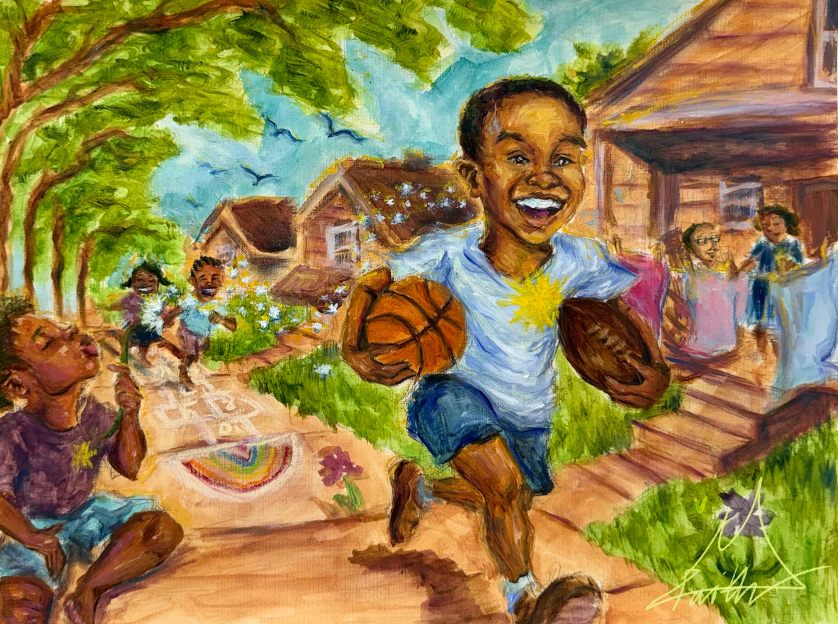 A colorful painted scene of children playing outdoors in a neighborhood, with a smiling boy in the foreground holding a basketball and a football, trees, houses, and grass rendered in expressive brushstrokes.