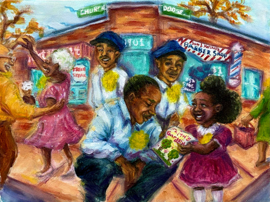 A colorful painted scene of black children and adults gathered outside a storefront with signs including 'Church' and 'Dodge'.