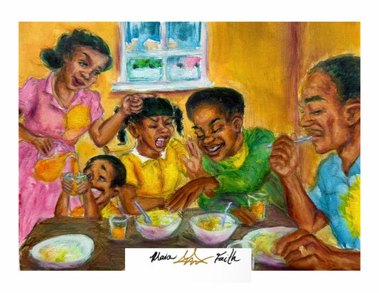 Colorful illustration of a black family enjoying a meal together.