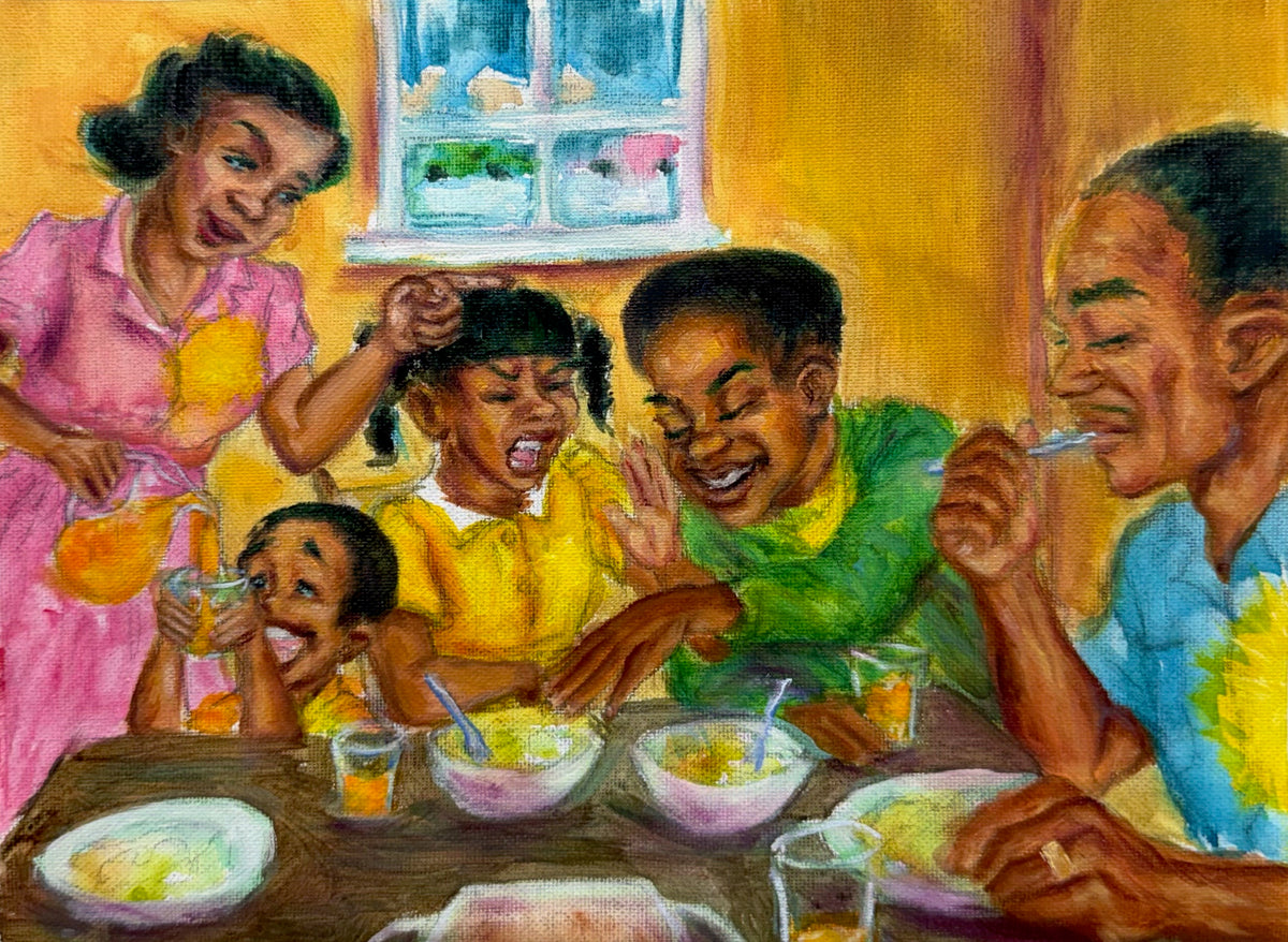 A colorfully painted black family dining scene showing several people seated around a table with bowls and cups, rendered in warm yellow, orange, pink, green, and blue tones.