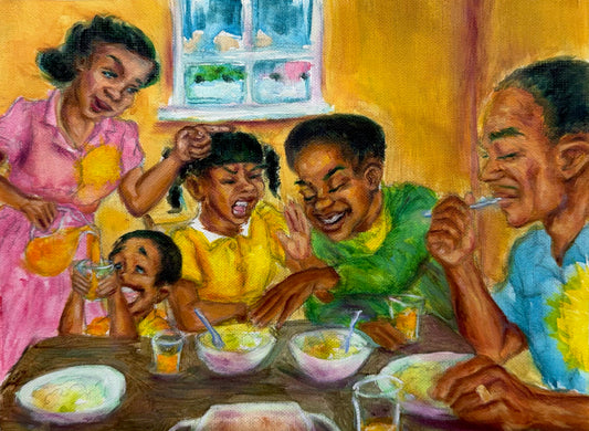 A colorfully painted black family dining scene showing several people seated around a table with bowls and cups, rendered in warm yellow, orange, pink, green, and blue tones.
