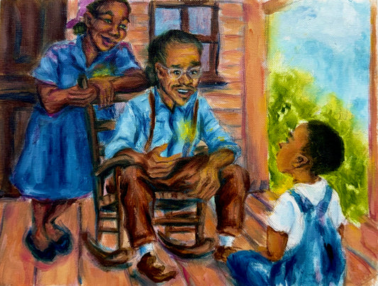 A colorful painted family portrait showing a black family on a porch: an older woman in a blue dress standing on the left, a seated man in a rocking chair in the center telling a story, and a young boy in blue overalls listening attentively. The artwork uses expressive brushstrokes with warm brown and orange tones from the porch and house, plus blue and green accents.