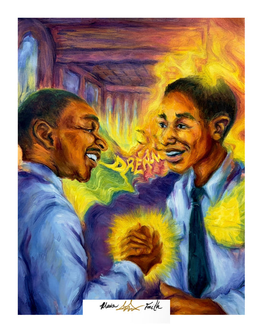 A painting about brotherhood in the black community. Martin Luther King Jr. gives words of encouragement to his bodyguard, Officer Bill Logan. 