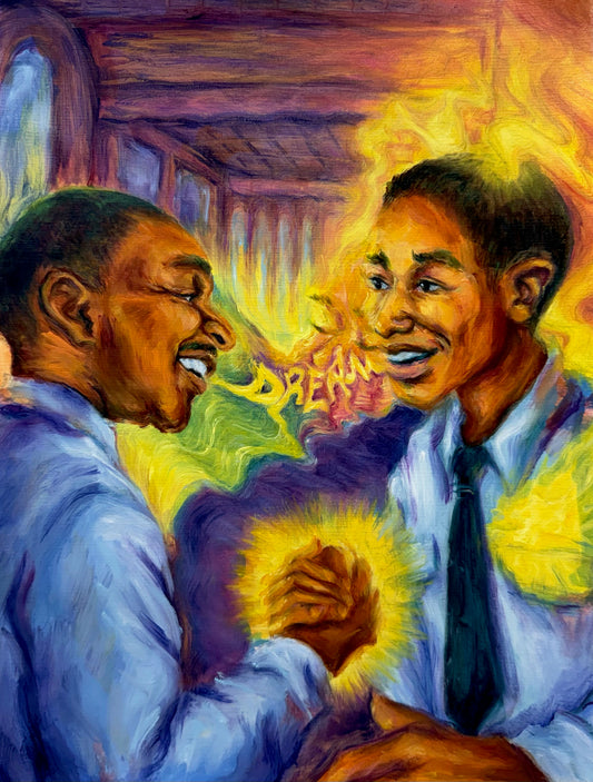 An expressive painting of Martin Luther King Jr. speaking life into a brother. A bright yellow burst and the word 'DREAM' between them, the artwork uses rich warm and cool colors to communicate the spiritual depth of the moment.