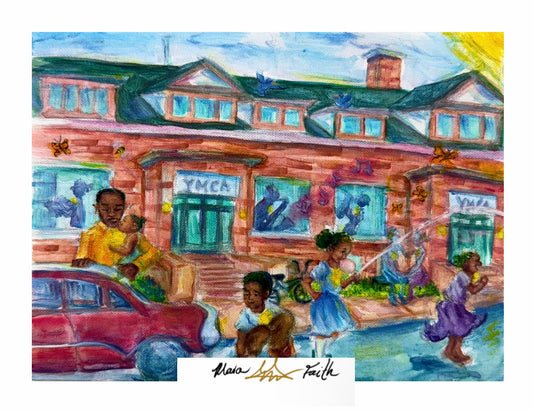 Colorful illustration of a YMCA building with children playing outside. Black community.