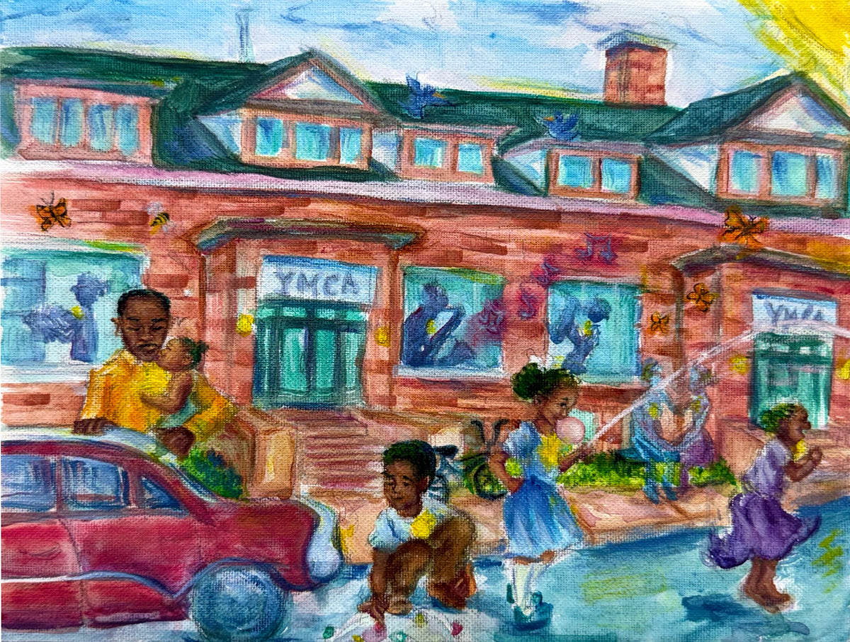 A colorful watercolor painting of a YMCA building with children playing in front, a red car on the left, and several figures near the entrance under a blue, sunny sky. Black community in communion.